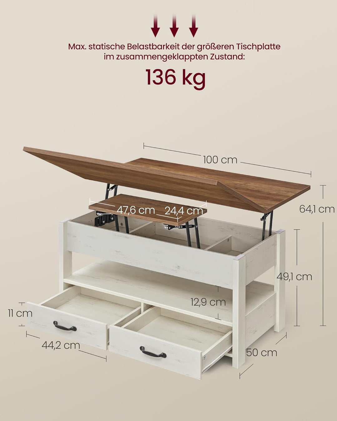 VASAGLE Couchtisch, höhenverstellbarer Wohnzimmertisch, Gaszylinder, 2 Schubladen, 3 Fächer unter de