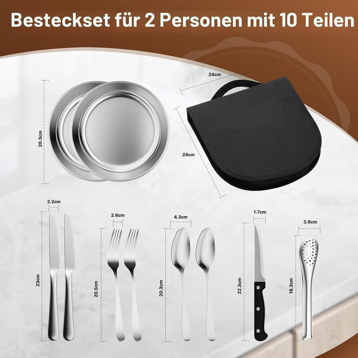 Camping Geschirr Set 2 Personen, 10 Stück Tragbars Campingbesteck Set aus Edelstahl mit einer Tasche