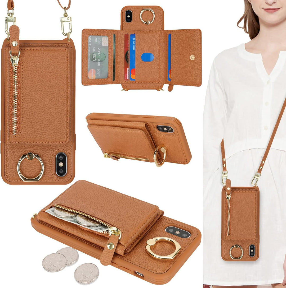 ELTEKER Handyhülle für iPhone XS Max Hülle mit Band Kartenfach Handykette Ringhalterung Geldbörse,Le
