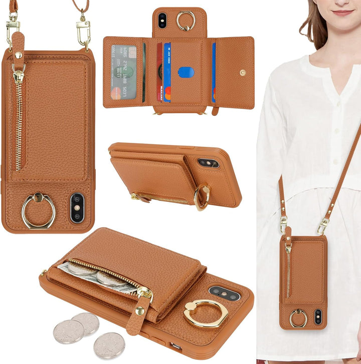 ELTEKER Handyhülle für iPhone XS Max Hülle mit Band Kartenfach Handykette Ringhalterung Geldbörse,Le