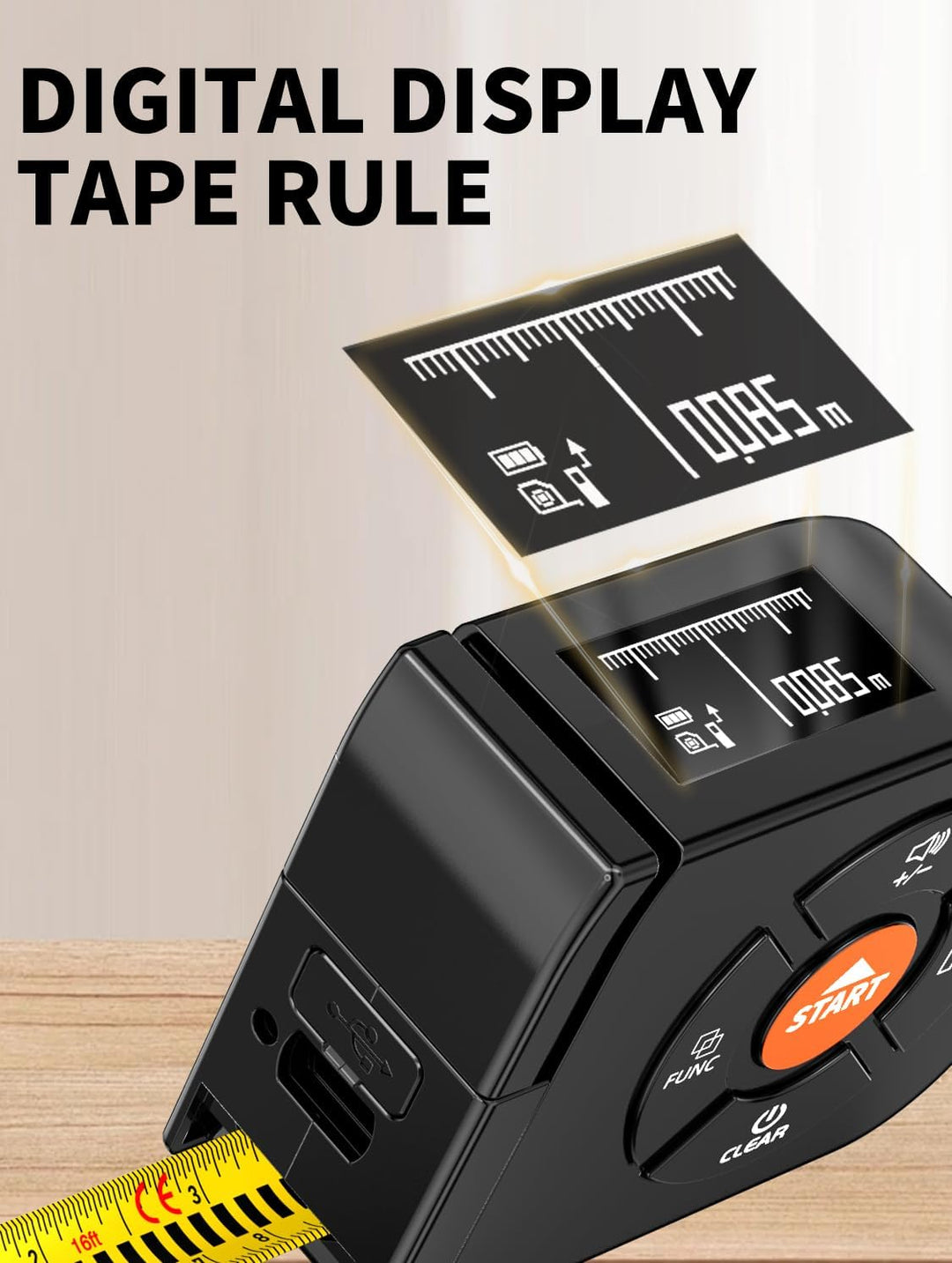 Laser Massband, 3 in 1 Laser Entfernungsmesser 196ft/60m Digitales Massband mit Laser, 16ft/5m Digit
