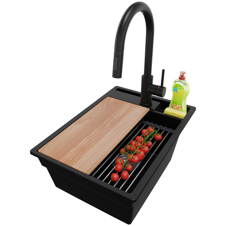 Spülbecken Schwarz 38x53 cm, Granitspüle 1 Becken + Ablauf-Set + Küchenarmatur, Küchenspüle ab 40er