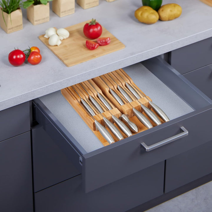 Relaxdays Messerhalter Schublade, für 12 Messer & Wetzstahl, Bambus Messerblock liegend, HxBxT: 5 x
