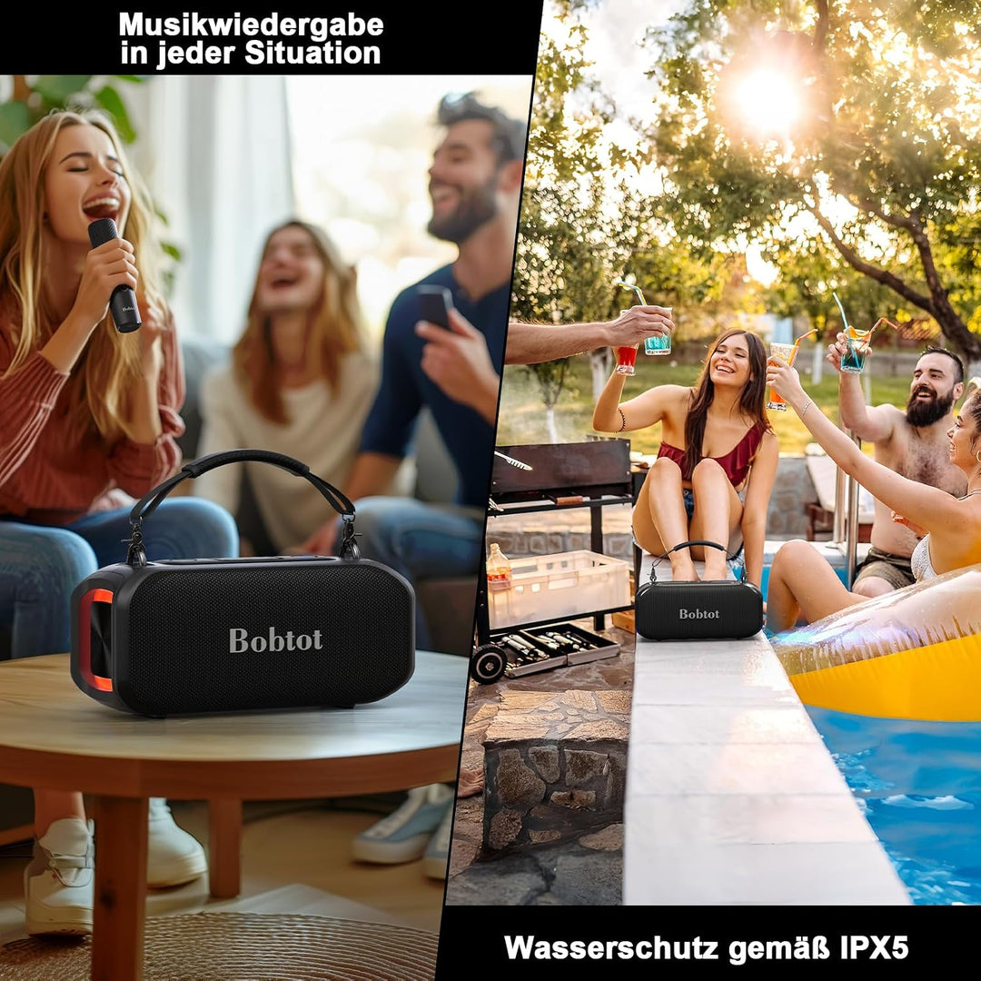 Bobtot Tragbarer Lautsprecher mit 2 kabellosen Mikrofonen Outdoor-Lautsprecher IPX5 wasserdichter La