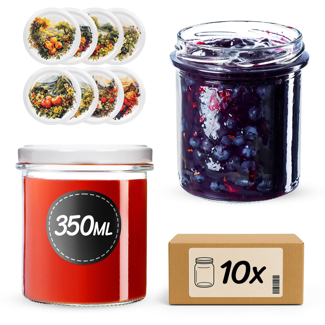KADAX 10er Set Marmeladengläser 350ml TO82 Obstgarten, Einmachgläser Vorratsgläser Mason Jar mit Sch