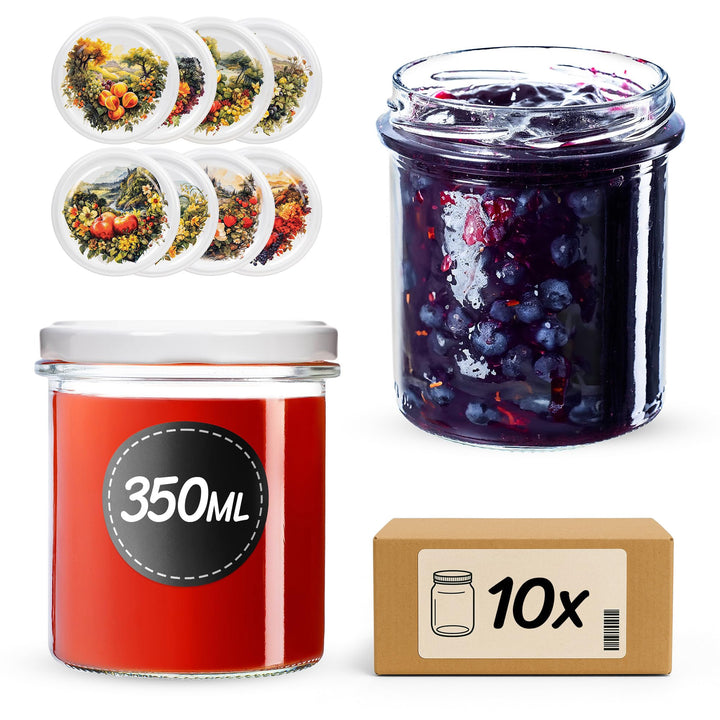 KADAX 10er Set Marmeladengläser 350ml TO82 Obstgarten, Einmachgläser Vorratsgläser Mason Jar mit Sch