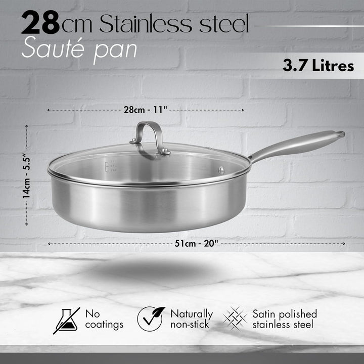 nuovva Edelstahl-Sautépfanne mit Glasdeckel, Induktionsherd, antihaftbeschichtet, 28 cm Bratpfanne S