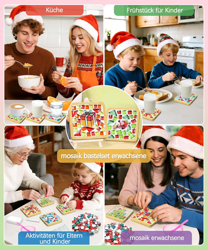 Finsink Mosaik bastelset kinder 4pcs Weihnachten Mosaik Untersetzer Bastelset DIY Holz Untersetzer S