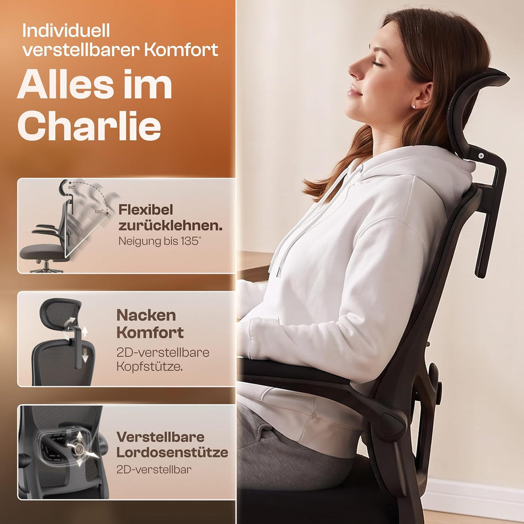 Charlie Bürostuhl ergonomisch [ORIGINAL] Mit 7 Komfort-Einstellungen | Schreibtischstuhl ergonomisch