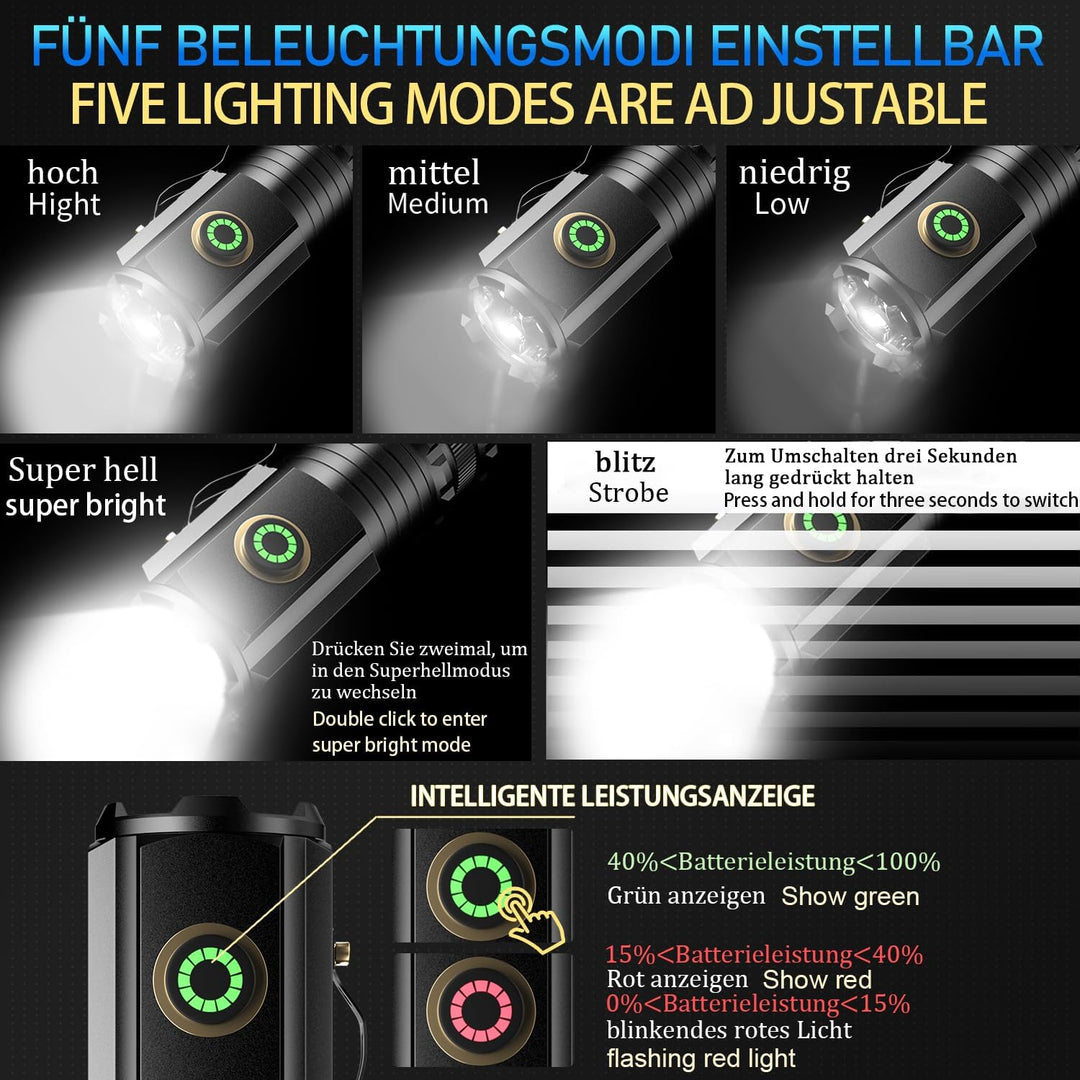 ASORT LED Taschenlampe Mini Extrem Hell，5000 Lumen Aufladbar，5 Lichtmodi kleine Torch mit Magnete un