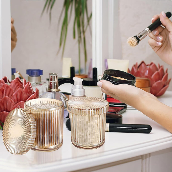 2 Stück Glas Wattepads Box Wattestäbchen Behälter Set Bernstein Wattepadspender Rund Kosmetik Organi