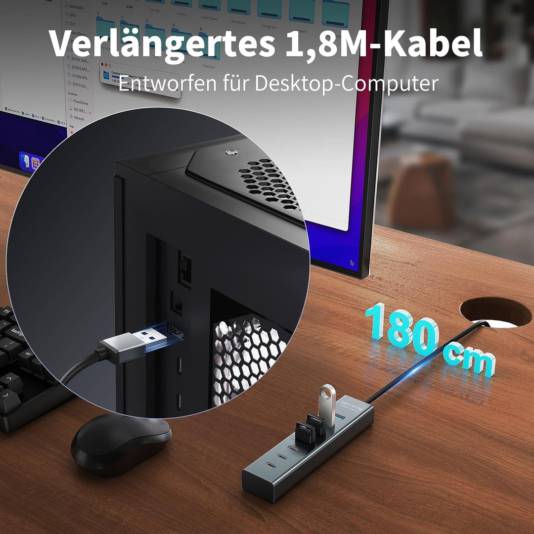 7-Port USB Hub 3.0 mit 180cm Kabel für Desktop, Aluminium USB Verteiler 5Gbps Multiport Adapter mit