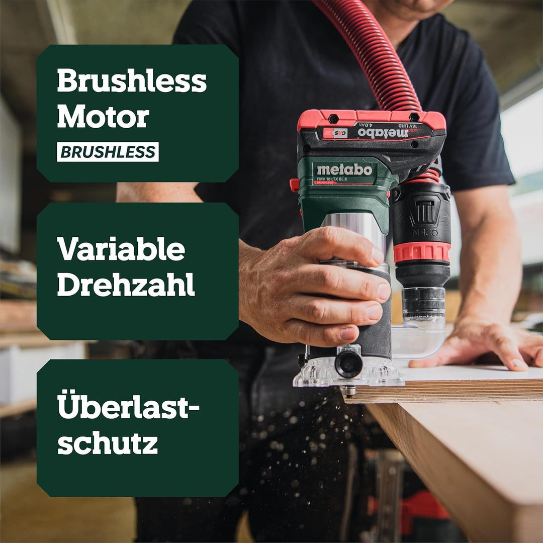 metabo Akku-Kantenfräse FMV 18 LTX BL 8-18V, Brushless-Motor, 4800-29000 U/min, 6/8 mm Spannzange, m