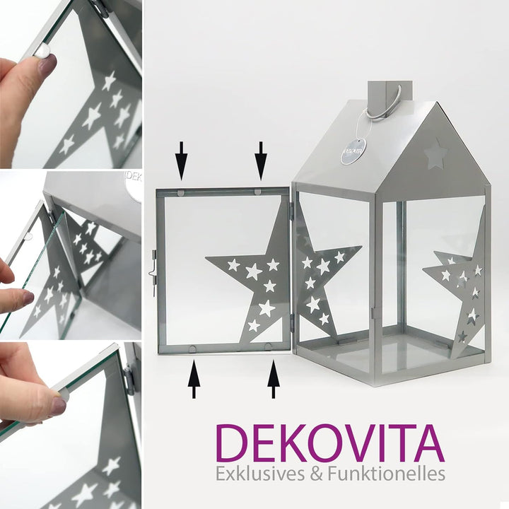 Dekovita 38cm Metall-Laterne Sterne Lichthaus - Gartenlaterne mit Glas-Scheiben - Windlicht Haus Dek