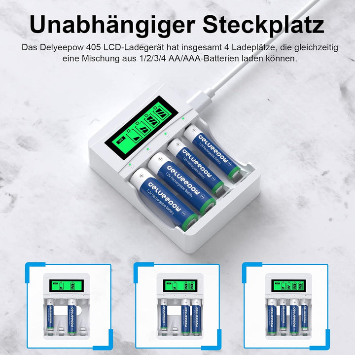 Delyeepow Akku Ladegerät, mit 4 Stück AA Akkus+ 4 Stück AAA Akkus Wiederaufladbar, NiMH 1.2V, 4-Lade