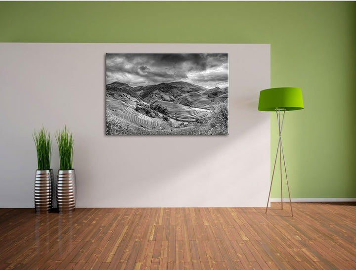Pixxprint Berg Farm in Asien als Leinwandbild/Grösse: 100x70 cm/Wandbild/Kunstdruck/fertig bespannt,