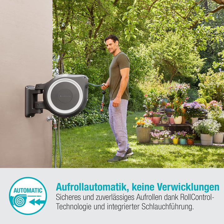 Gardena Wand-Schlauchbox RollUp L (weiss) 30 m: mit ecoPulse Spritze, Schwenkbare Schlauchbox, integ