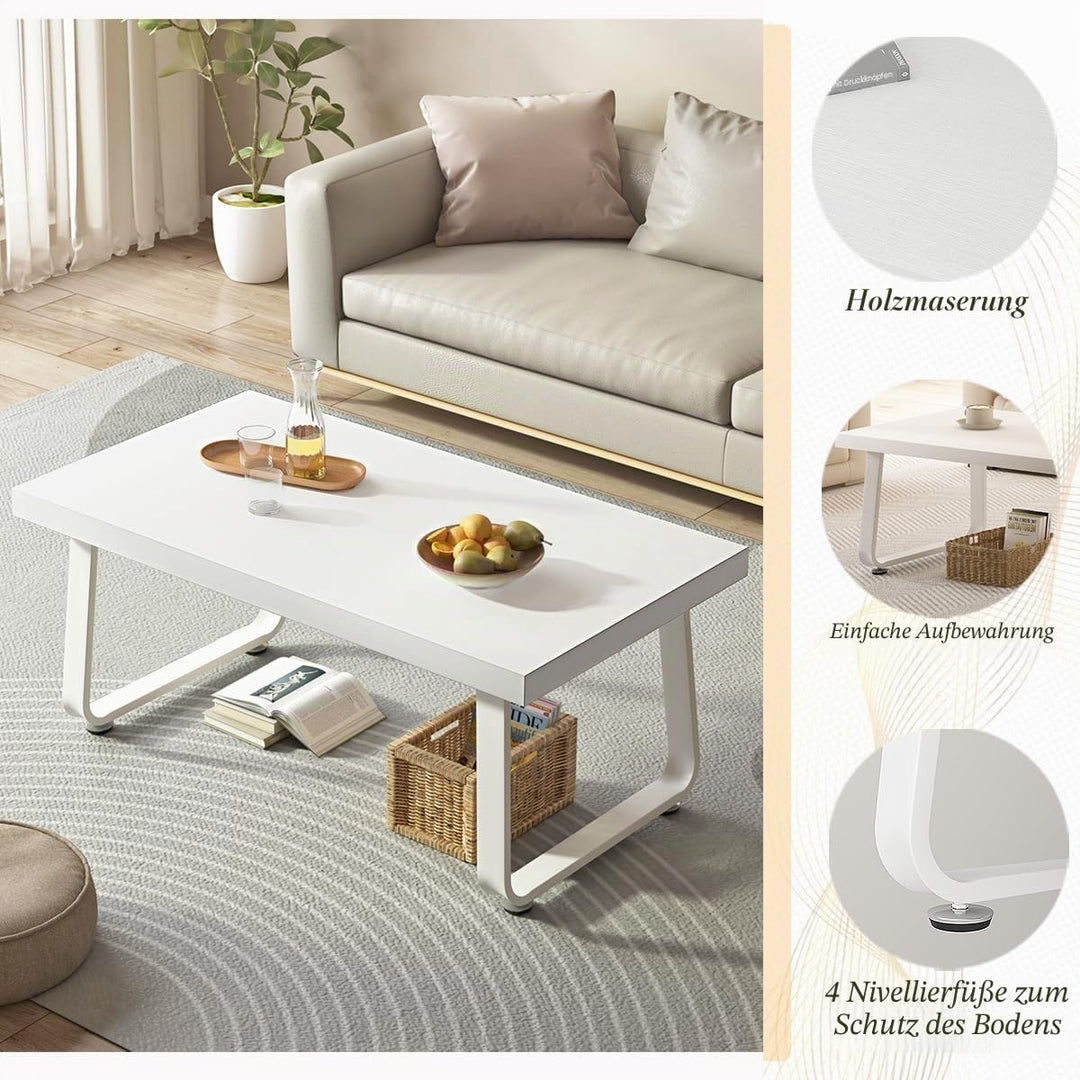 HSH Couchtisch Weiss, Wohnzimmertisch aus Holz Metallgestell, Sofatisch, Tisch, Beistelltisch, Kaffe