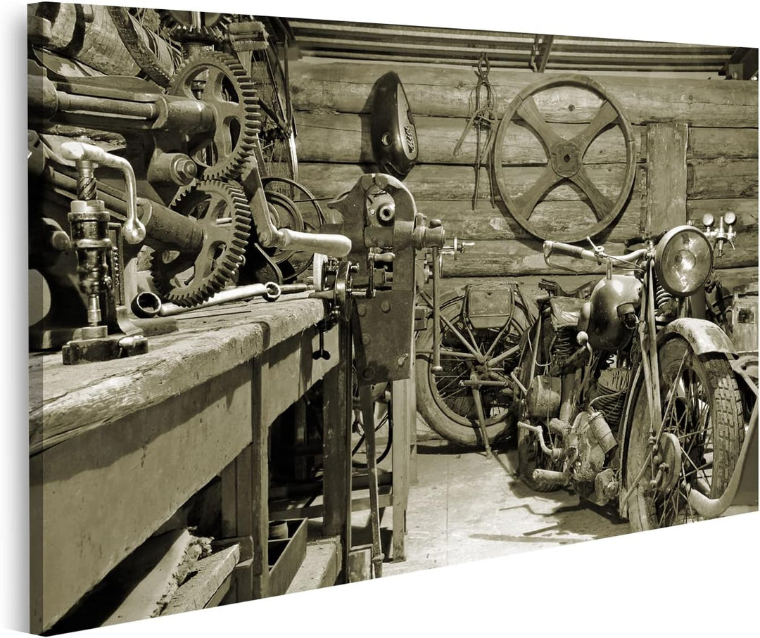 islandburner Bild auf Leinwand Vintage Motorrad Und Werkzeuge Garage Werkstatt Bilder Wandbilder Pos