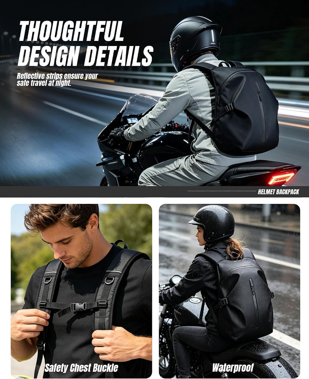 HYC00 Motorrad Rucksack für Herren Damen Wasserdicht Gross Motorradrucksack | Helm Rucksack Motorcyc