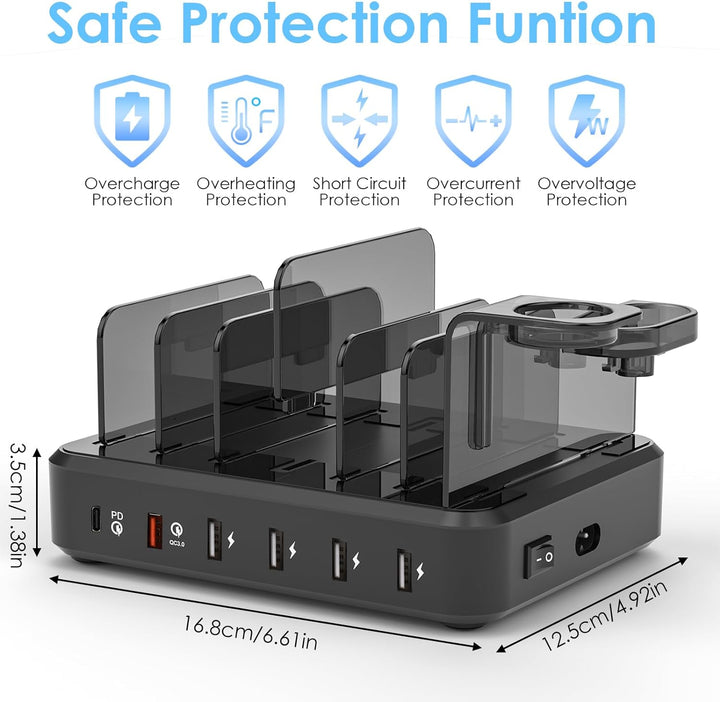 ZWOOS 68W/12A USB Ladestation mit 6 Anschlüssen und 20W PD Schnellladung für iPhone 14/13, 2-in-1 iW