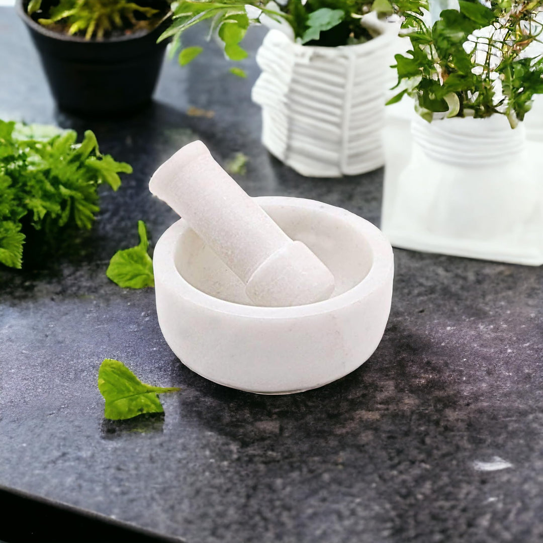 SAUDEEP INDIA Weisser Marmor Granit Imam Dasta, Mörser und Stössel Set, Ohkli Musal, Kharal oder Kha
