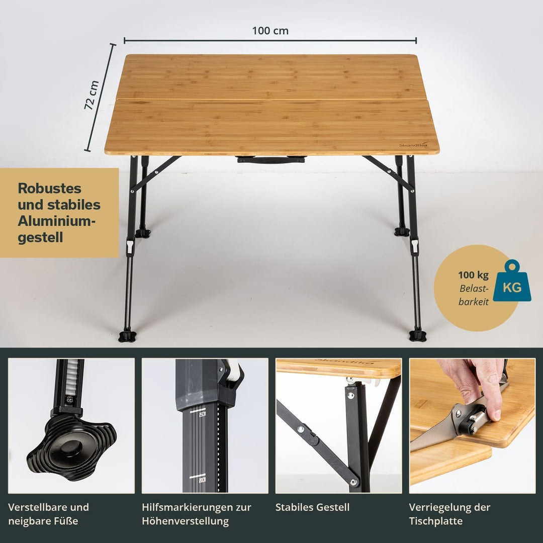 Skandika Campingtisch Tobro | Klapptisch mit Bambus Tischplatte, klappbar, stufenlos höhenverstellba