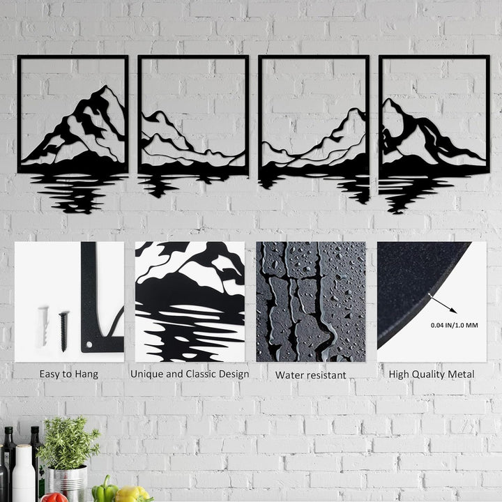 ESTART 4 Stück Metall-Berg-Wandkunst, grosse Berge Wanddekoration, Bergflüsse, dekoratives Gemälde,