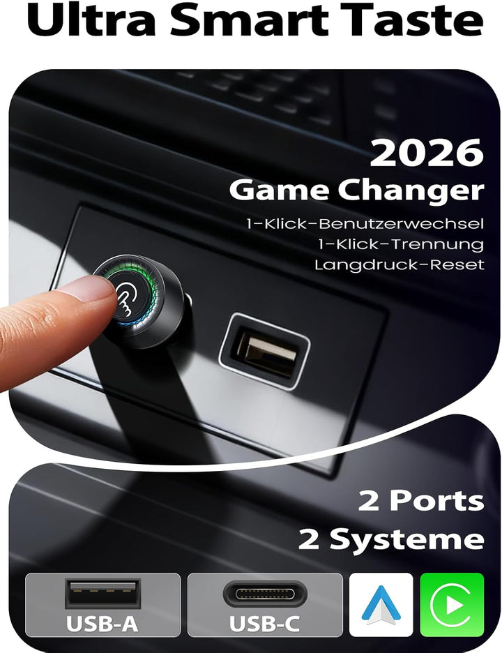 Versteckter CarPlay Wireless Adapter, 1-Tasten-Wechsel für 2 Phones, Kompatibel mit Apple CarPlay &