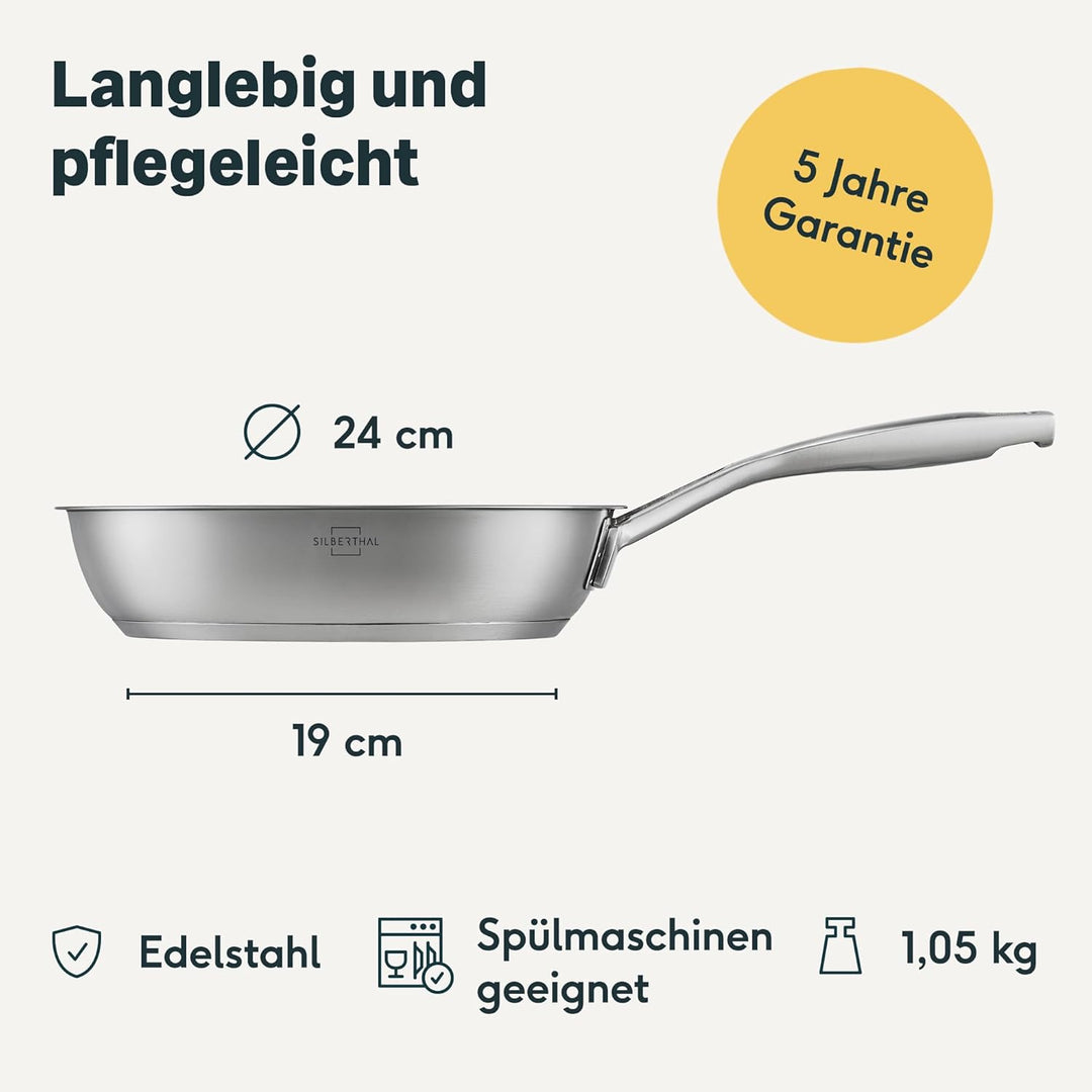 SILBERTHAL Edelstahl Pfanne Unbeschichtet - Induktion - Profi Bratpfanne 24cm - Röstaromen - Ofenfes