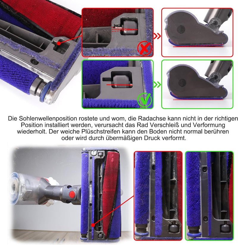 Bodenplatte + weiche Plüschstreifen + Rollen kompatibel mit Dyson V6 V7 V8 V10 V11 Weiche Rolle Stau