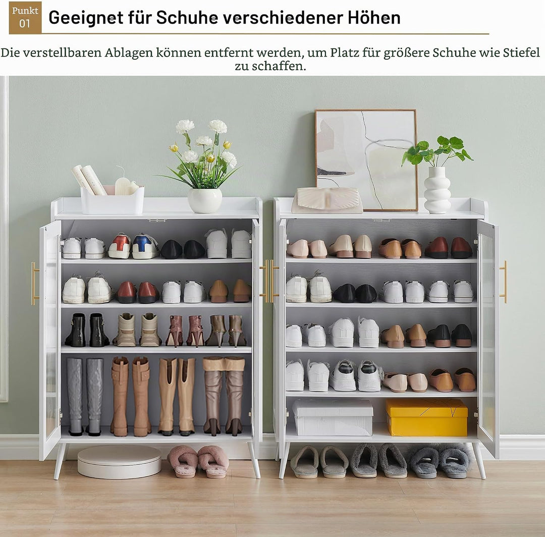 Grosser Schuhschrank Mit 2 Geriffelten Glas-Türen, 5 Ablagen, Moderner Freistehender Schuhschrank Au
