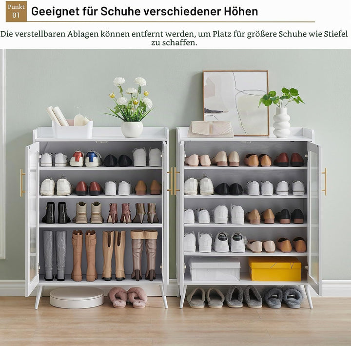 Grosser Schuhschrank Mit 2 Geriffelten Glas-Türen, 5 Ablagen, Moderner Freistehender Schuhschrank Au