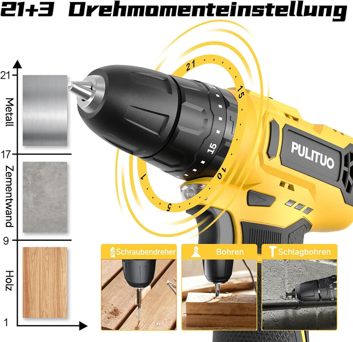 Akku-Schlagbohrmaschine 12 V, PULITUO schlagbohrschrauber set, Akkuschrauber mit 3/8" Metallfutter,