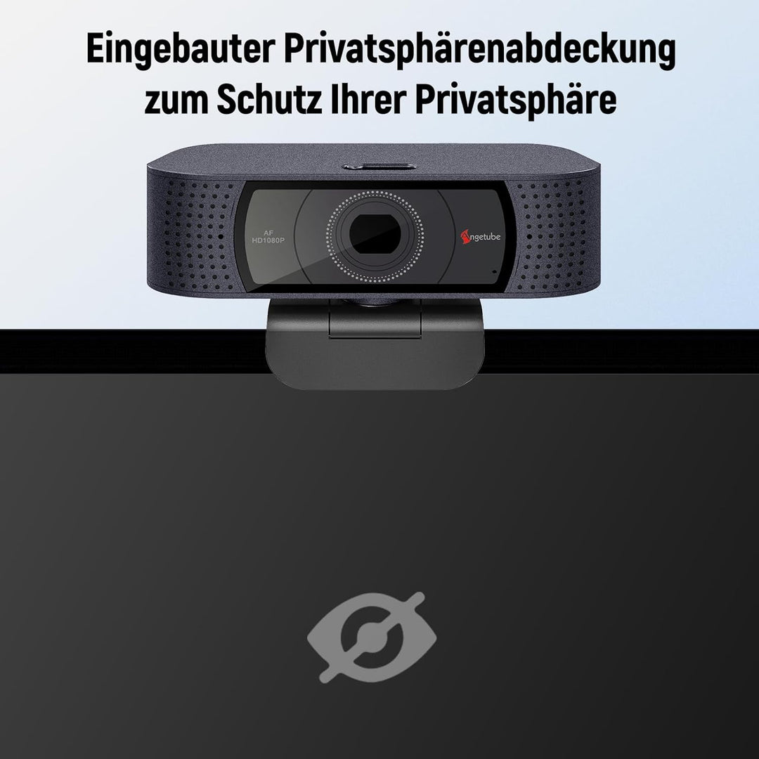 Angetube Webcam mit Mikrofonen - 1080P PC Webcam für Streaming, Autofokus PC Kamera mit eingebauter