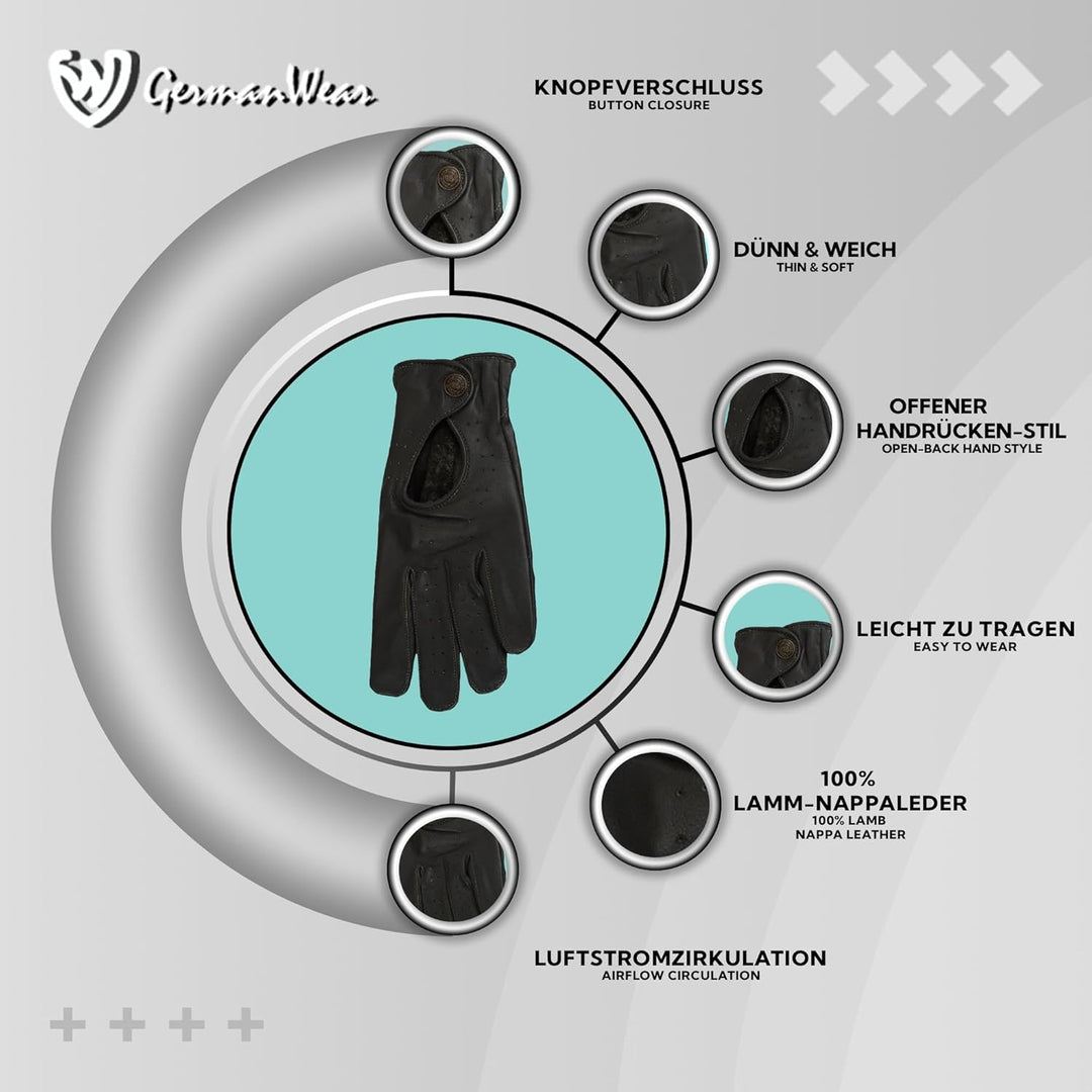 German Wear Unisex Driving Autofahrer-Handschuhe Lederhandschuhe 9=L Schwarz, 9=L Schwarz