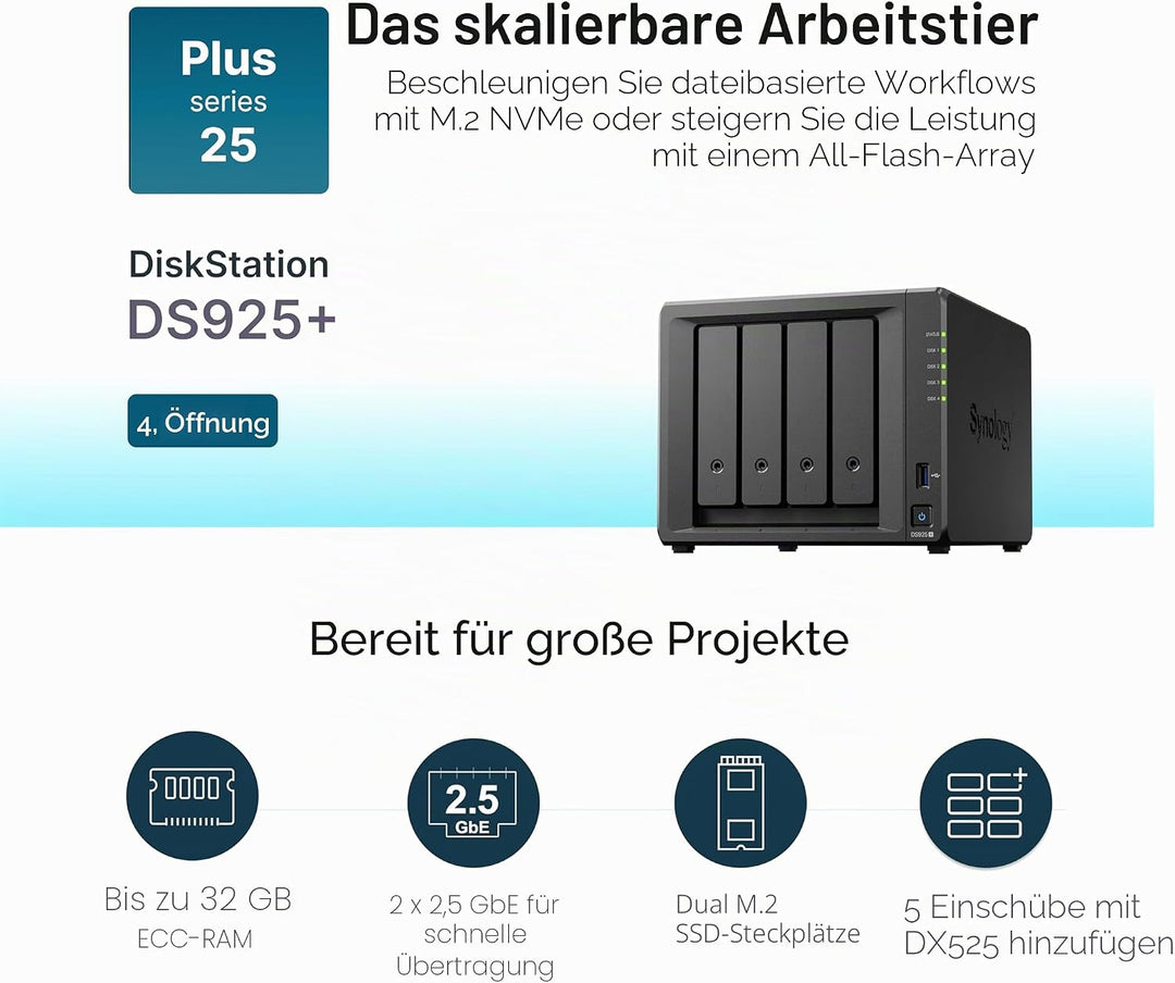 SYNOLOGY NAS DS925+ 4 Einschübe mit erweiterbarer Kapazität (ohne Festplatte)