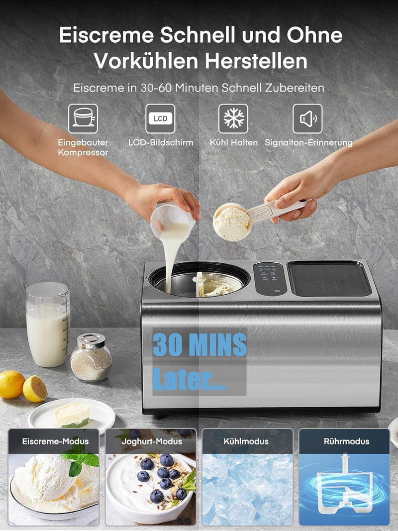 3-in-1 Eismaschine 2L, Joghurtfunktion, Testsieger 2024, 180 W Eiscrememaschine aus Edelstahl mit Kü