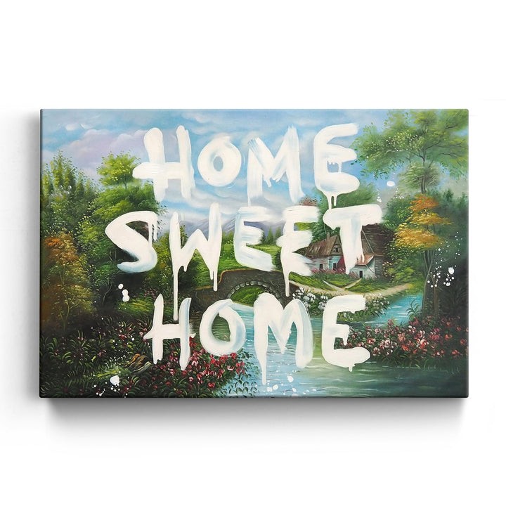 Kunstmoneten Street Art | 100% HANDGEMALT | Banksy Bilder Leinwand | Gemälde 'Home Sweet Home 90x60c