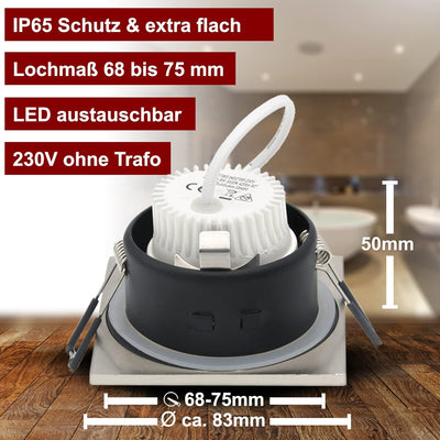 trendlights24 Aqua Base Decken Einbaustrahler eckig IP65-5er Set ultra flach 50 mm LED Spots 5W 230V