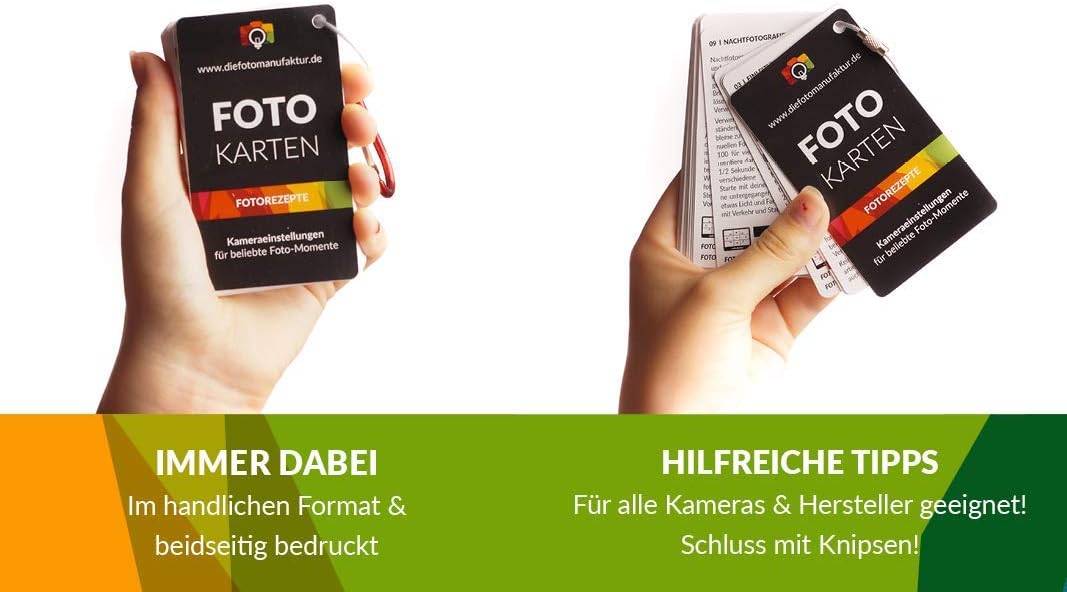 Fotokarten Fotorezepte | 20 Fotografie-Spickzettel mit Kameraeinstellungen & Tipps | CheatCards für