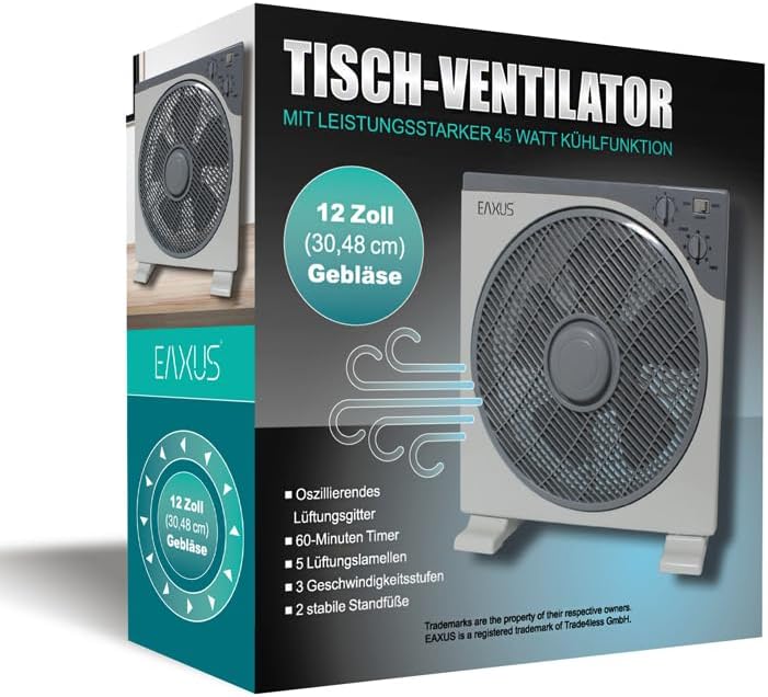 Eaxus® Tischventilator - Kraftvoller 45W Box Ventilator Fan mit Timer & 3 Geschwindigkeitsstufen