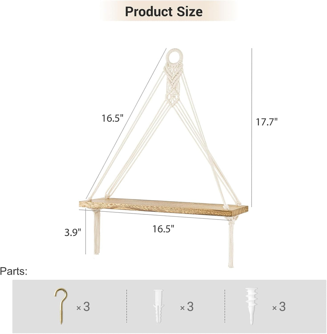 Mkono Makramee Hängeregale Boho Wanddekoration 3er Set Rustikales Holz Schweberegal für Schlafzimmer