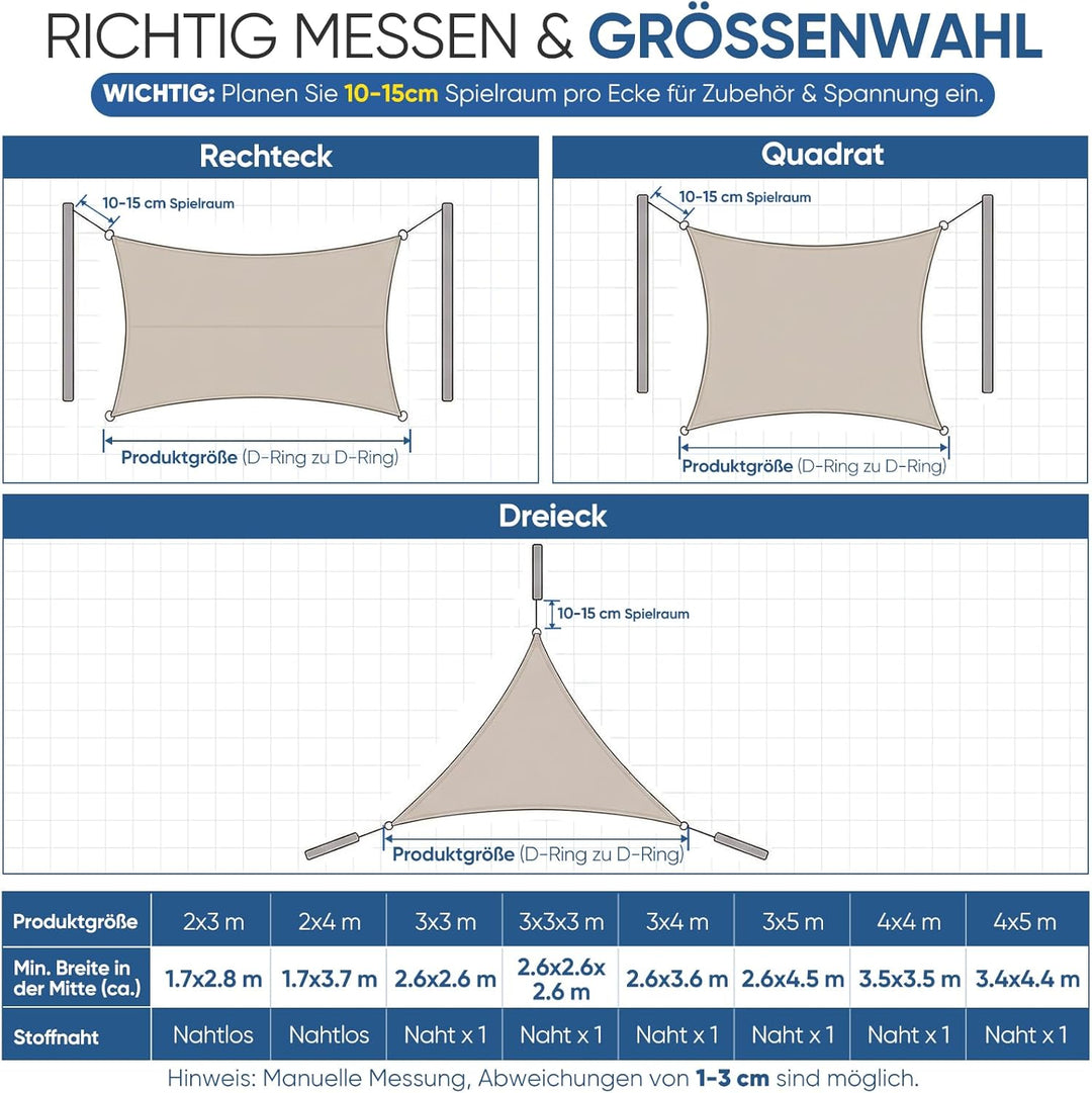 Sunula Sonnensegel Wasserdicht 3x3m Quadratisch – hochdichtes PES 160g/m², mit umlaufendem Gurtband