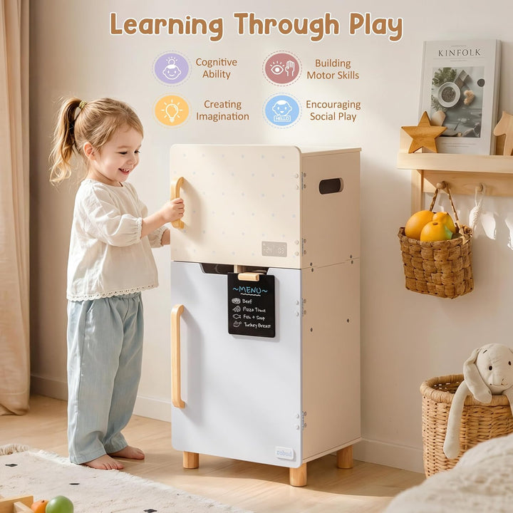 ROBUD Holzspielzeug-Kühlschrank-Set, Rollenspiel-Kühlschrank für Kinder mit Tafel, Gefrierfach, Kühl