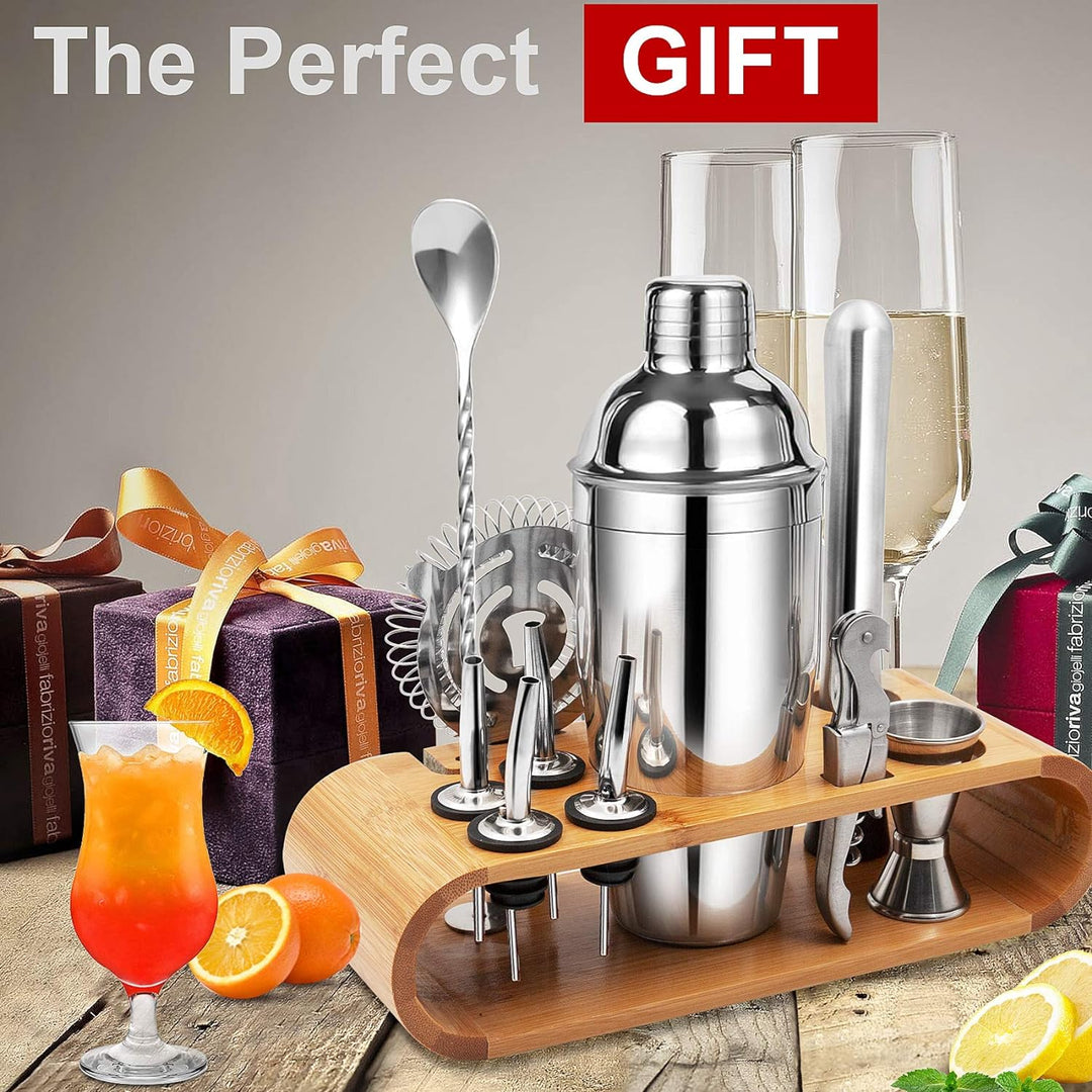 Cocktail Set, Edelstahl Cocktail Shaker Bar Set, 12 Stück Cocktailmixer Set mit Holzständer, Messbec
