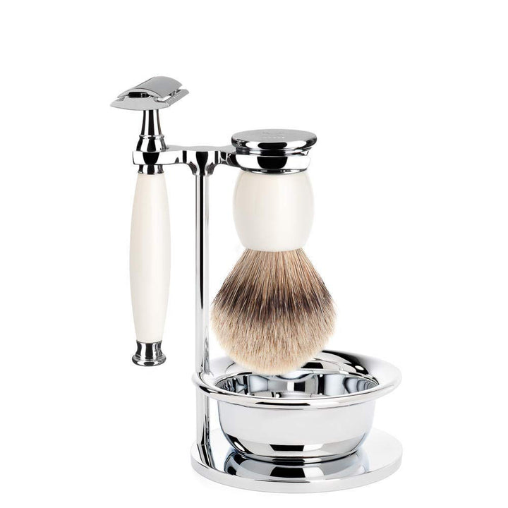MÜHLE Rasierset mit Schale - Sophist Serie - Silberspitz Dachszupf - Rasierhobel - Porzellan weiss S