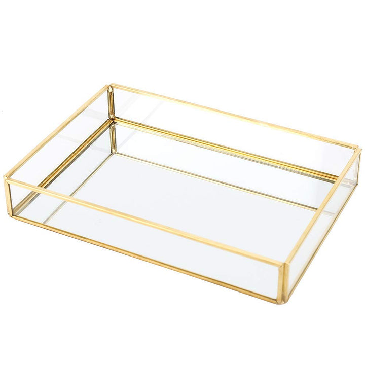 Retro Spiegeltablett, Dekotablett Gold Glastablett Tablett Vintage Metall Glas Aufbewahrungsbox Kosm