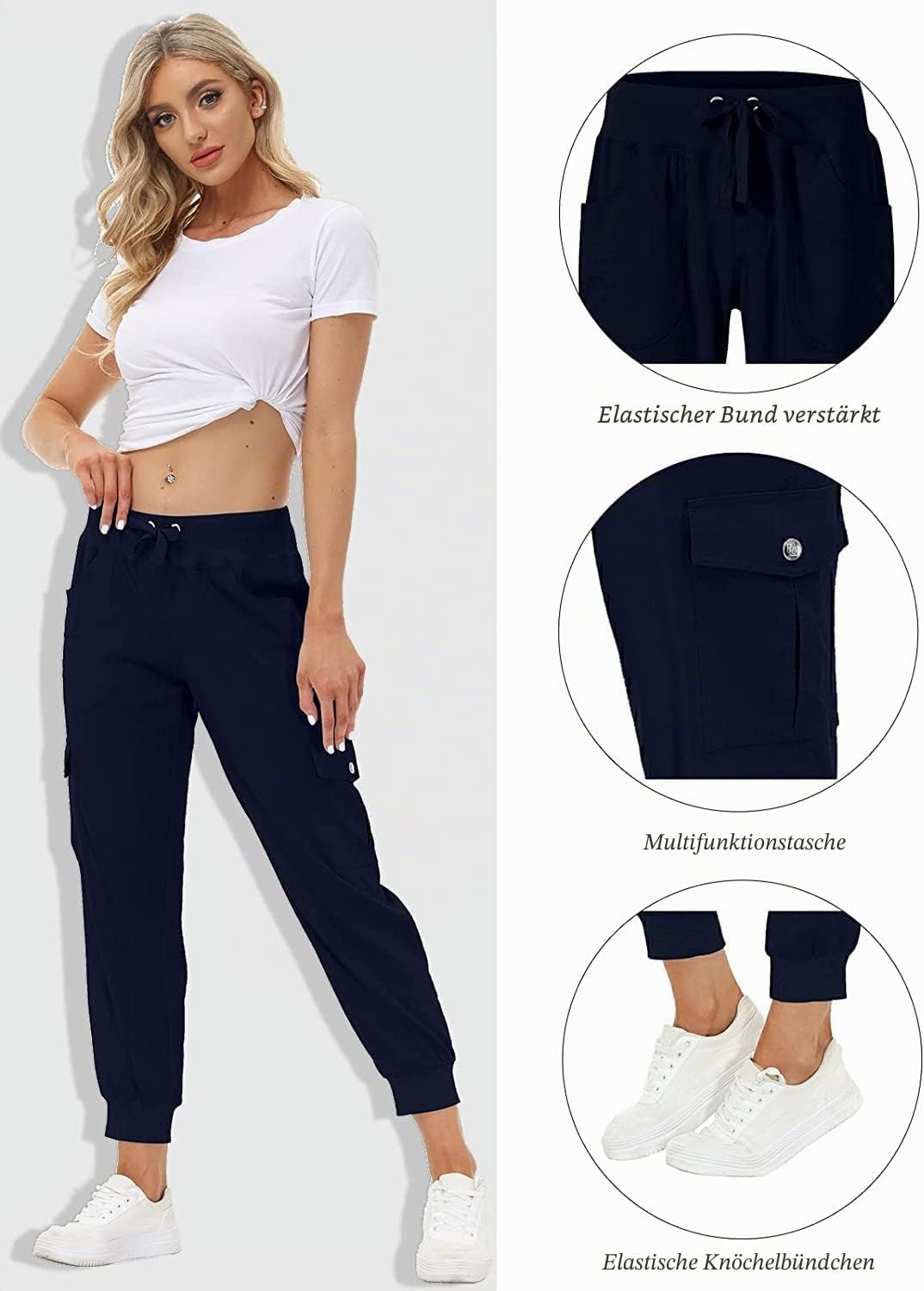 JINSHI Hosen Damen Cargohose Lange Capri Freizeithose Outdoor Jogginghose High Waist mit Kordelzug X