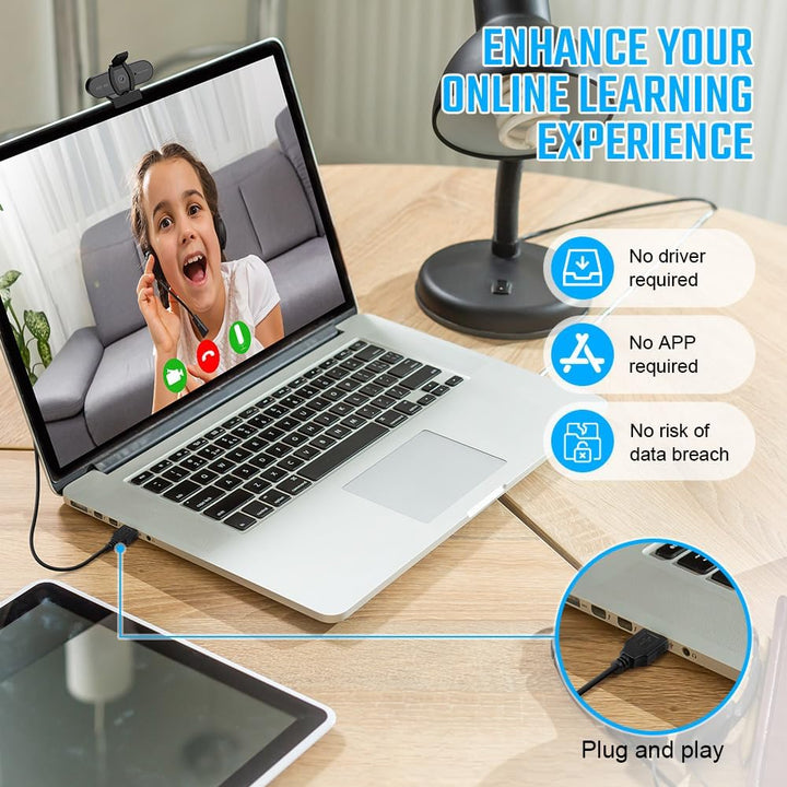 OFFCUP Full HD Webcam, 4K Webcam mit Mics Geräuschunterdrückung, USB Webcam Autofokus Streaming Kame